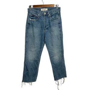 AMO Loverboy Straight Denim Jeans 25 Glory Blue Raw Hem High Rise Button Fly